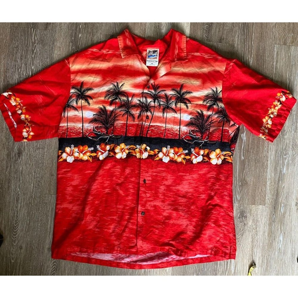 Vintage Original Hawaiian Togs Mens 2XL Button Shirt Red Palm Tees Floral Beach
